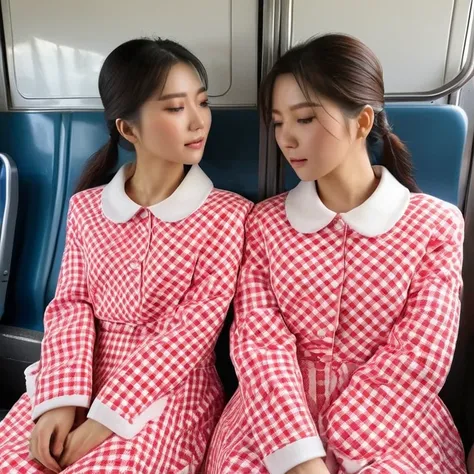 (high resolution, ultra-detailed, photorealistic), ((half body:1.4)) photo of sjang and her identical twin, ((different clothes:1.6)), leaning on each other, sitting in a train, beautiful, amazing