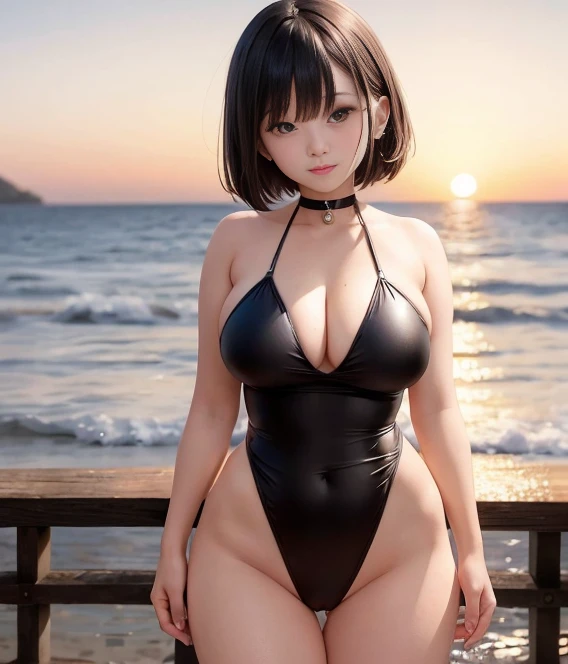 A lone figure of a cute Japanese girl stands boldly against an evening beach background, the sunset casting a beautiful and enchanting scene across the wide sea and clouds. With her messy short hair, she exudes an attractive allure, her big round eyes shin...