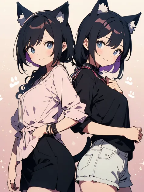 ((highest quality、masterpiece、High resolution、detailed)), beautiful anime、((two cute girls)), (dog ears),(Cat ear)、(tail)、 looking at the viewer, smile, casual outfit,(Cute decorative background、simple background)