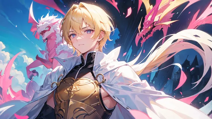 handsome boy, boy with blonde hair, pink eyes, white and black royal clothes, dragon behind him, 8k resolution, sky