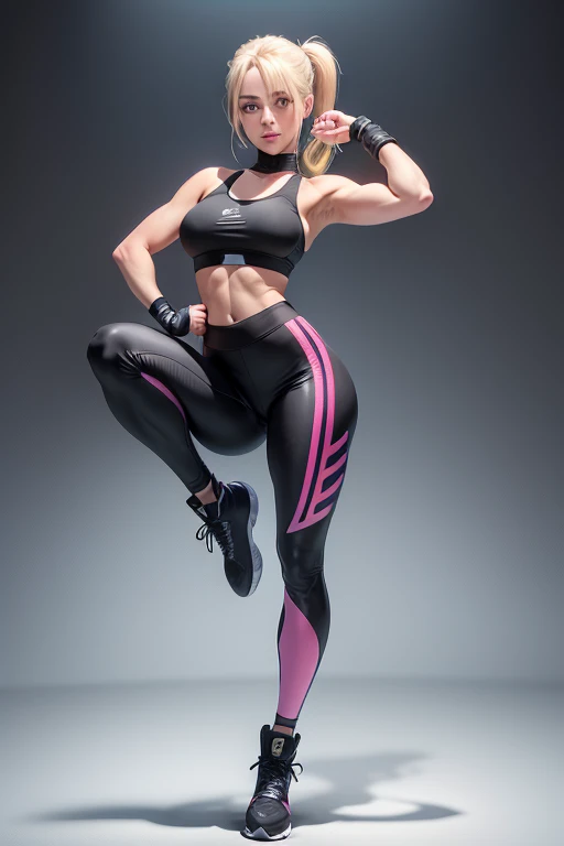 The full body image shows a Blonde Woman, blue eyes, pony tail hairstyle, wearing a black training top, small waist, wide hips, thick legs, pink wrestling leggings, black large boots, sexy body, highest detailed, detailed clothes, only black color, detaile...