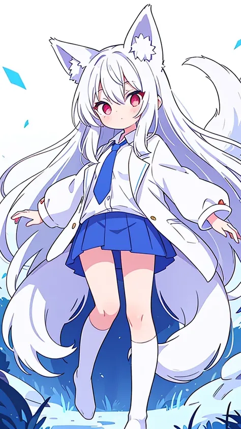 1girl, animal ears, red eyes, long hair, very long hair, long sleeves, solo, bow, hair between eyes, tail, fox tail, bangs, white shirt, blue tie, short skirt, white coat, white legwear, white hair
