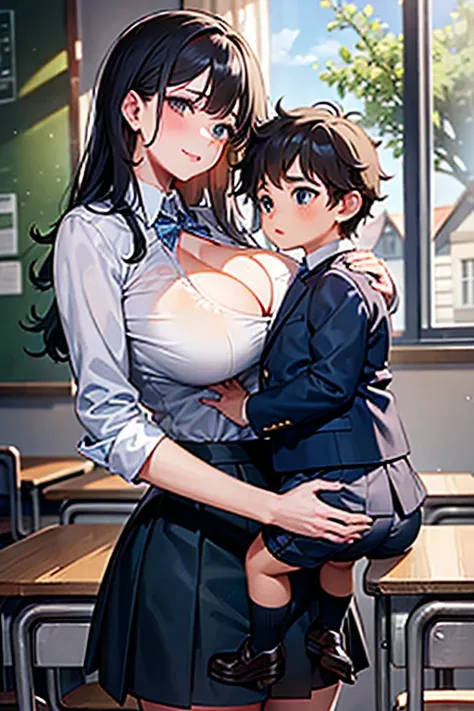 There is a lady holding a little boy in the classroom, schoolgirl, A big girl holding a little boy，Girls wearing，Big breasts，Thick legs，A big girl and a little boy，Tall mature girl，Little boy in shorts，cleavage