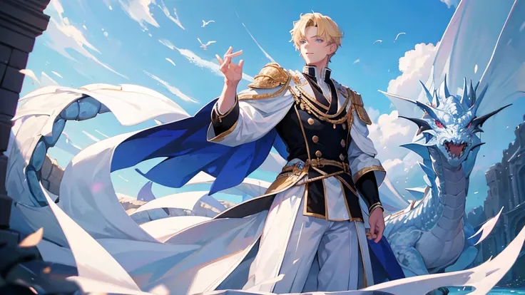 handsome boy, boy with blonde hair, blue eyes, white and black royal clothes, dragon behind him, 8k resolution, sky