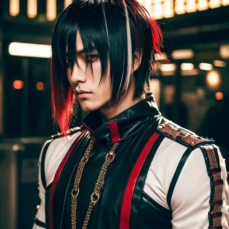 1 man, Japanese man, 30 years old, hairstyle Visual Kei, hair color blonde,  long hair, muscular, broad shoulders, ultra detailed face and eyes, Asian eyes, pretty face, realistic representation, outfit gothic-cyberpunk, black mens shirt and black pants