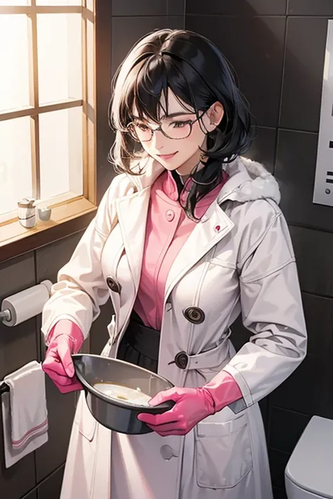 A gently smiling black-haired, glasses-wearing mature woman wearing a white coat and pink rubber gloves cleaning a toilet