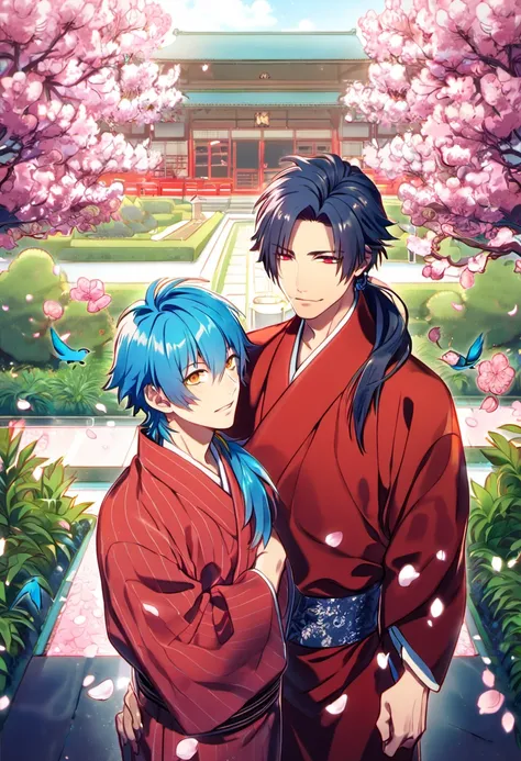 absurdres, highres, ultra detailed, HDR, masterpiece, Koujaku, dark navy hair that is short and a little chopped at the top, expressive red eyes, Dramatical Murder, Seragaki Aoba, blue hair, expressive golden eyes, 2men together, gay couple, handsome, red ...