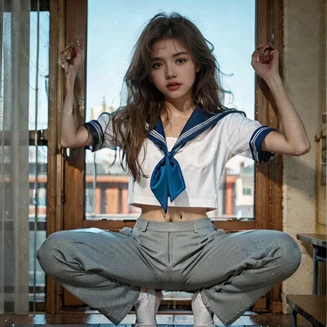 (A 15-year-old beautiful girl is wearing a sailor suit and squatting with her legs wide open、((Exposing pants:1.35))、スカートを持ち上げてExposing pantsさせることで性的興奮を起こし:1.7)、Your pants are wet with body fluids、 Bodily fluids dripping from her crotch、Shoot from below, f...