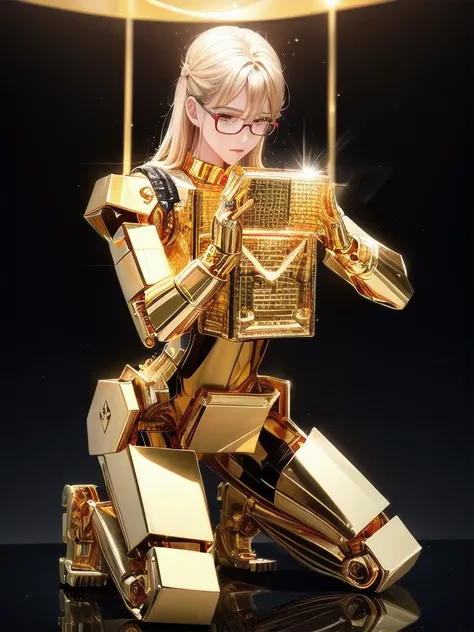 5 8K UHD、A mechanical beauty in a gold metallic body wearing glasses is kneeling、A golden metal robot with shiny skin