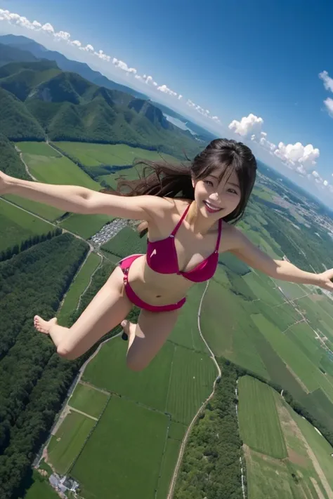 over the sky３０００In the middle of skydiving at 1.5 meters、The surroundings are clear blue sky and clouds、She is a beautiful Japanese woman with medium-long bob hair and is very cute, and is having fun and spreading her arms and legs.、Sensual style、She is we...