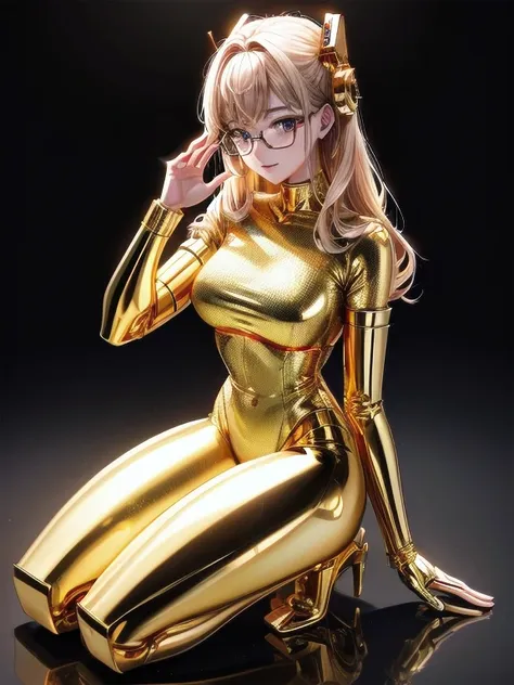 5 8k uhd、a mechanical beauty in a gold metallic body wearing glasses is kneeling、a golden metal robot with shiny skin