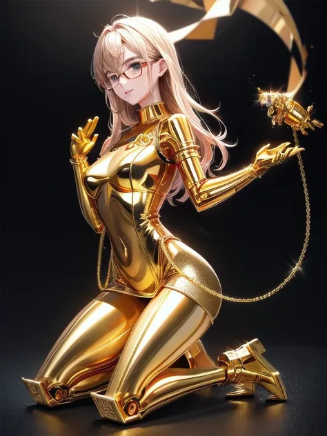 5 8k uhd、a mechanical beauty in a gold metallic body wearing glasses is kneeling、a golden metal robot with shiny skin