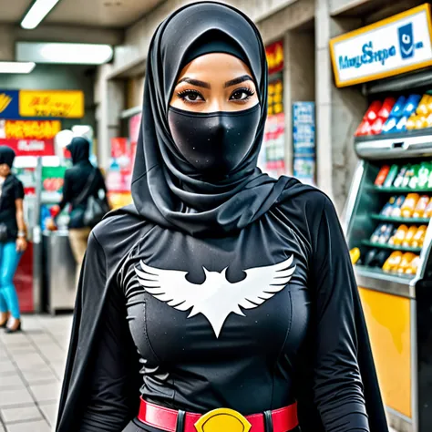 A super heroine, (malaysian (age 28), athletic, hijab, cute face, Crow themed costume and gimmicks), she is stopping a bank robbery