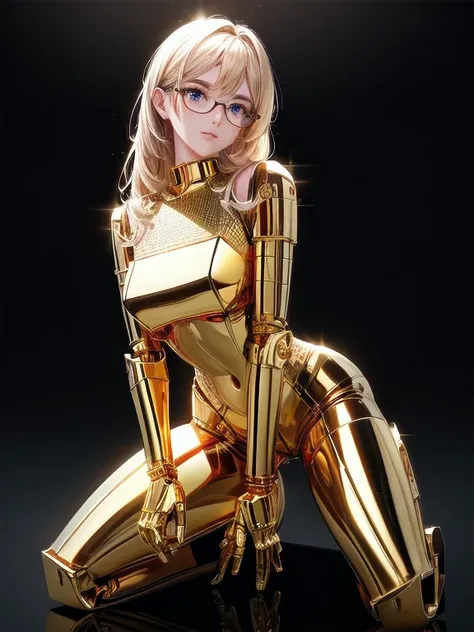 5 8k uhd、a mechanical beauty in a gold metallic body wearing glasses is kneeling、a golden metal robot with shiny skin