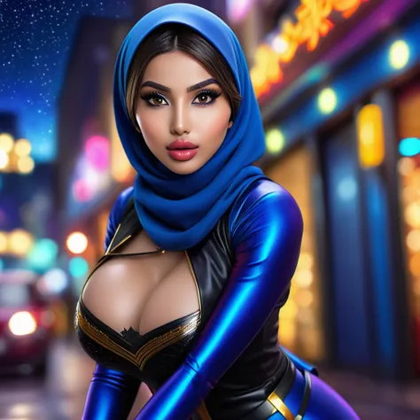 (best quality,4k,highres,masterpiece:1.2),ultra-detailed,realistic:1.37,a super heroine,athletic,cute face,hijab,beautiful detailed eyes,beautiful detailed lips,extremely detailed eyes and face,long eyelashe,malaysian:1.1 (age 28),crow themed costume and g...