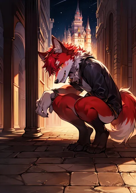 (dark environment:0.8),masterpiece, high quality, H, number (artwork), by dagashi, Yes,Kiyoyama,Red hair all over the body, male wolf,short hair,portrait, Bright Eyes,Eyes gray，There is a gold X mark inside the pupil，With a black bow，White belly，The tip of...