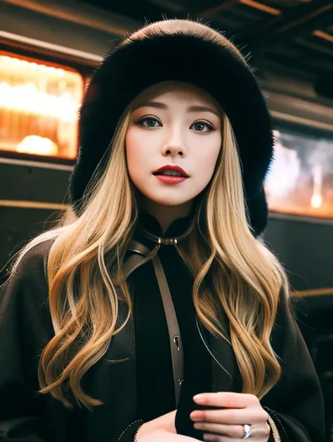 blonde、long hair、beauty、Western mourning、Russian long black hat、steam locomotive、steam locomotiveの煙、空を飛ぶsteam locomotive、SL、Long black ushanka、Tall black ushanka、black russian cossack hat