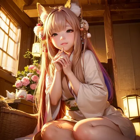 (best quality,4k,8k,highres,masterpiece:1.2),ultra-detailed,(realistic,photorealistic,photo-realistic:1.37),portraits,pastel colors,soft lighting,fantasy atmosphere,girl with fox ears and tail,peaceful garden setting,golden sunset,flowing cherry blossom tr...