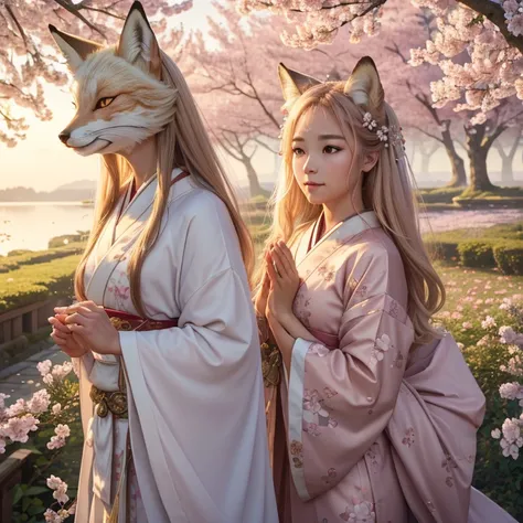 (best quality,4k,8k,highres,masterpiece:1.2),ultra-detailed,(realistic,photorealistic,photo-realistic:1.37),portraits,pastel colors,soft lighting,fantasy atmosphere,girl with fox ears and tail,peaceful garden setting,golden sunset,flowing cherry blossom tr...