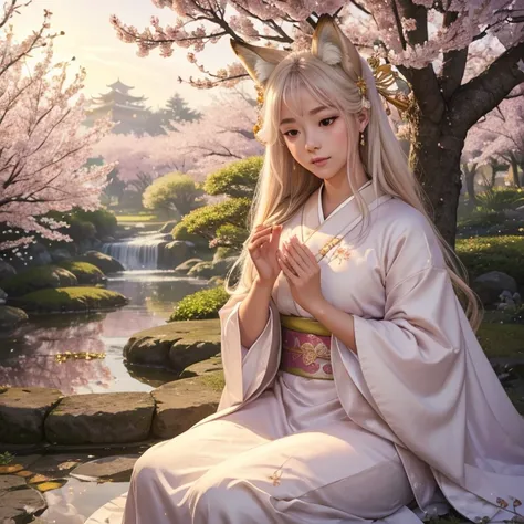 (best quality,4k,8k,highres,masterpiece:1.2),ultra-detailed,(realistic,photorealistic,photo-realistic:1.37),portraits,pastel colors,soft lighting,fantasy atmosphere,girl with fox ears and tail,peaceful garden setting,golden sunset,flowing cherry blossom tr...