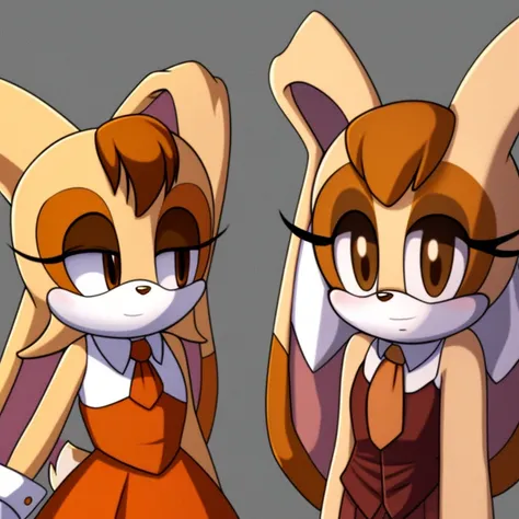 Adult, ((hairstyle similar as vanilla the rabbit)) cream the rabbit with long hair and wearing a light orange dress, shock, Tails the fox as a yandere 