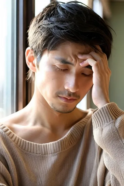 A Japanese man in his 30s holding his head in worry