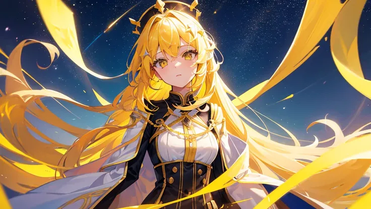 beautiful girl, yellow hair, yellow eyes,star clip, long hair, yellow royal clothes, start sky, 8k resolution, sky, galaxy 