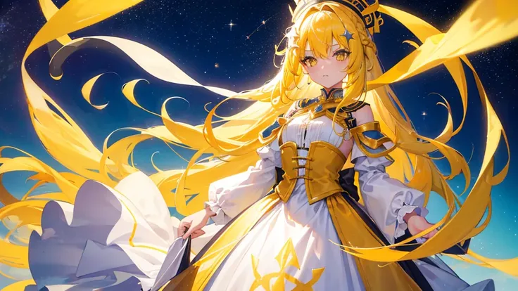 beautiful girl, yellow hair, yellow eyes,star clip, long hair, yellow royal clothes, start sky, 8k resolution, sky, galaxy 