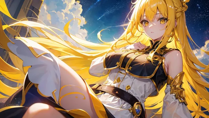 beautiful girl, yellow hair, yellow eyes,star clip, long hair, yellow royal clothes, start sky, 8k resolution, sky, galaxy 