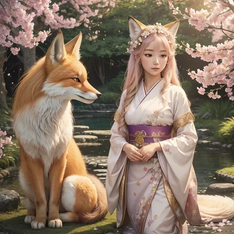 (best quality,4k,8k,highres,masterpiece:1.2),ultra-detailed,(realistic,photorealistic,photo-realistic:1.37),portraits,pastel colors,soft lighting,fantasy atmosphere,girl with fox ears and tail,peaceful garden setting,golden sunset,flowing cherry blossom tr...