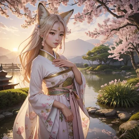 (best quality,4k,8k,highres,masterpiece:1.2),ultra-detailed,(realistic,photorealistic,photo-realistic:1.37),portraits,pastel colors,soft lighting,fantasy atmosphere,girl with fox ears and tail,peaceful garden setting,golden sunset,flowing cherry blossom tr...