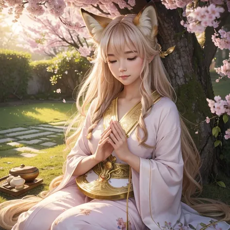 (best quality,4k,8k,highres,masterpiece:1.2),ultra-detailed,(realistic,photorealistic,photo-realistic:1.37),portraits,pastel colors,soft lighting,fantasy atmosphere,girl with fox ears and tail,peaceful garden setting,golden sunset,flowing cherry blossom tr...