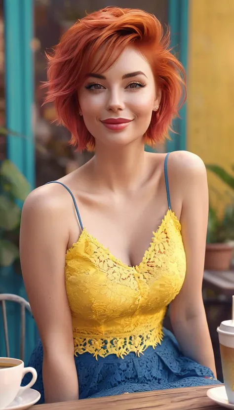 a slight smiling sexy  twin mums with cute short spiky red hair in a middle part  with side bangs.  has sexy eyes and pale pink lips and cheeks.  wearing an yellow lacy camisol top and blue skirt,  so pretty. digital art preset, fullbody, moonlight backgro...