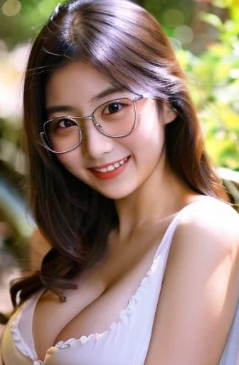 1 Japanese girl，nsfw，perfect face, open Shoulder Chiffon White Shirt，Masterpieces, (large breast), smiles, cleavage, bulge tits, glasses, cowboy shots 