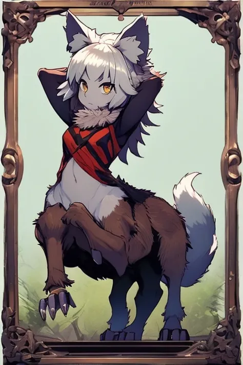 wolf girl、Towle、2 Men Arms、Four wolf legs、delicate、delicate face、wolf ears、Silver hair and fur、abdomen、Super high quality