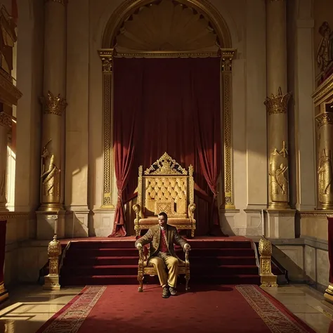 A King on a throne in a massive palace. On the floor there is a red carpet leading to his golden throne. Next to him is a giant lizard that he is petting