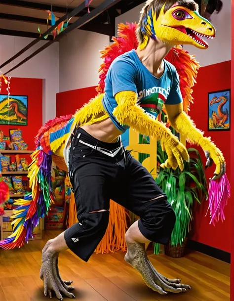 Ultra high resolution, best quality, masterpiece, (full body side shot:1.75), (pinata transformation:1.4), mid transformation, (a terrified male college boy half human half deinonychus velociraptor piñata hybrid:1.6), shrinking, (you are suspended from the...