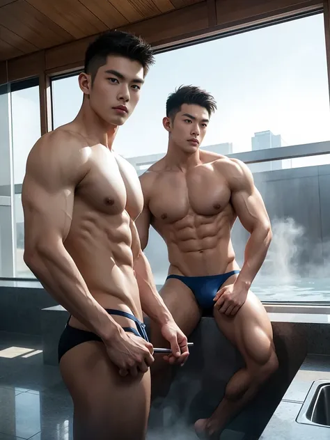 wide angle，2 Asian male models, Twins big muscles, Full chest muscles，Sexy and charming expression，blue eyes，Handsome, cool, Hair combed smoothly, piercing ears,naked，Wear sexy tongs，Big bag highlights, image, modeling, dynamic poses, man&#39;s bathhouse o...