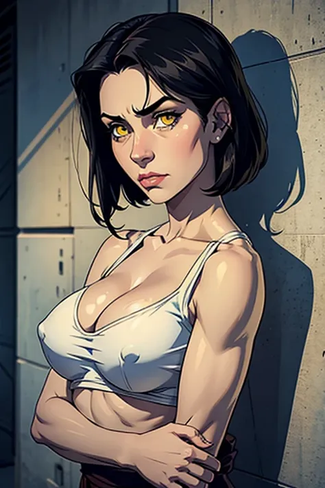 sad girl muscular girl sad girl muscular girl black hair yellow eyes pale skin breasts cast shadow