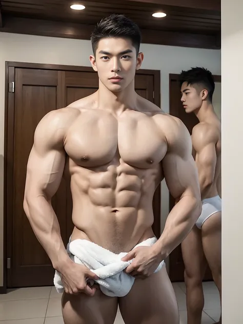 wide angle，2 Asian male models, Twins big muscles, Full chest muscles，Sexy and charming expression，blue eyes，Handsome, cool, Hair combed smoothly, piercing ears,naked，Wear sexy tongs，Big bag highlights, image, modeling, dynamic poses, man&#39;s bathhouse o...