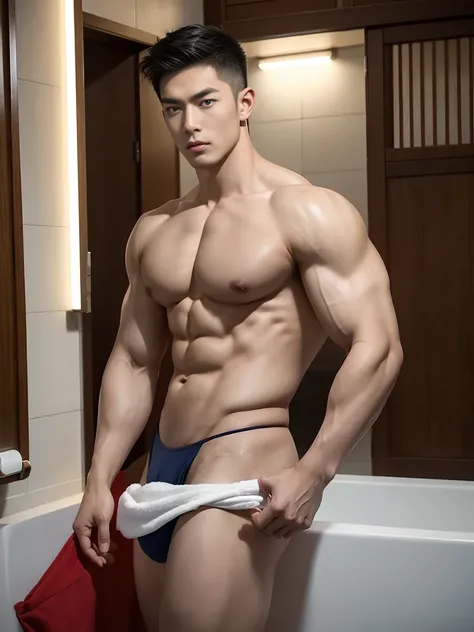 wide angle，2 Asian male models, Twins big muscles, Full chest muscles，Sexy and charming expression，blue eyes，Handsome, cool, Hair combed smoothly, piercing ears,naked，Wear sexy tongs，Big bag highlights, image, modeling, dynamic poses, man&#39;s bathhouse o...