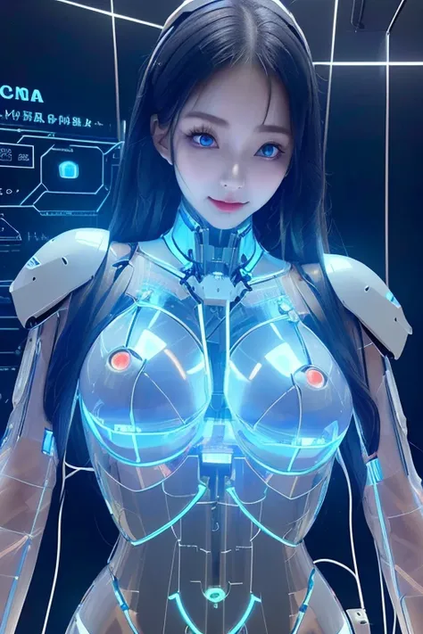 (highest quality, High resolution, masterpiece:1.2), Super detailed, realistic:1.37, (perfect anatomy),1 girl, full body portrait,Inside a robotized operating room,(Lots of cables:1.1),Lots of tubes,monitor screen,close-up of woman, Cute and perfectly beau...