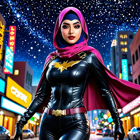 (best quality,4k,highres,masterpiece:1.2),ultra-detailed,realistic:1.37,a super heroine,athletic,cute face, crow themed makeup, hijab,beautiful detailed eyes,beautiful detailed lips,extremely detailed eyes and face,long eyelashe,malaysian:1.1 (age 28),crow...