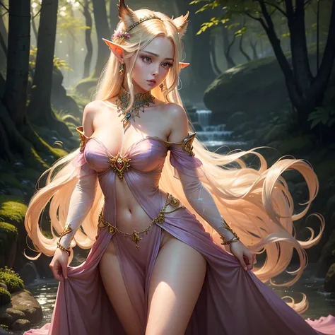 (((full medium shot))), (Masterpiece, photorealistic, photorealism, best quality, ultra-detailed:1.3), (nice hands, perfect hands), official art, cinematic light, (1girl:1.3), adult, world of warcraft, dark forest, An elf woman of otherworldly grace, she i...