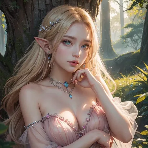 (((full medium shot))), (Masterpiece, photorealistic, photorealism, best quality, ultra-detailed:1.3), (nice hands, perfect hands), official art, cinematic light, (1girl:1.3), adult, world of warcraft, dark forest, An elf woman of otherworldly grace, she i...