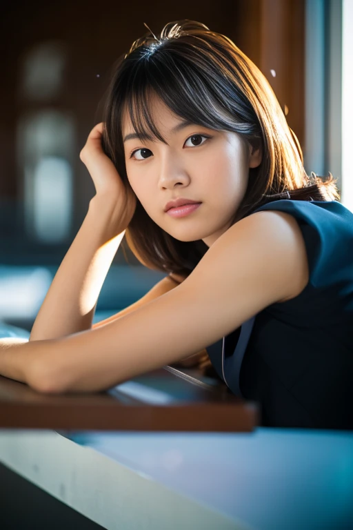 A girl named Tomoko, Wavy Hair, Brown Hair, 25 years old, Slender, sleepy, uninterrupted viewpoint, Backlight Flare, f/1.2, 50mm, Canon, UHD, retina, masterpiece, ccurate, anatomically correct, textured skin, super detail, high details, high quality, best ...