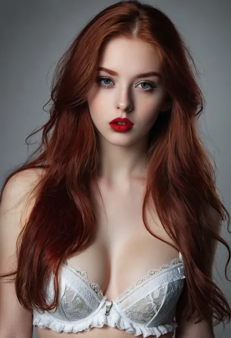 Best quality, masterpiece, ultra high res, (photorealistic:1.4), ((raw photo, 1girl, Young (18 years) European girl with seductive long hair, straight blood red hair, seductive detailed red eyes and face)), ((blood red lipstick and black eye liner, thick e...