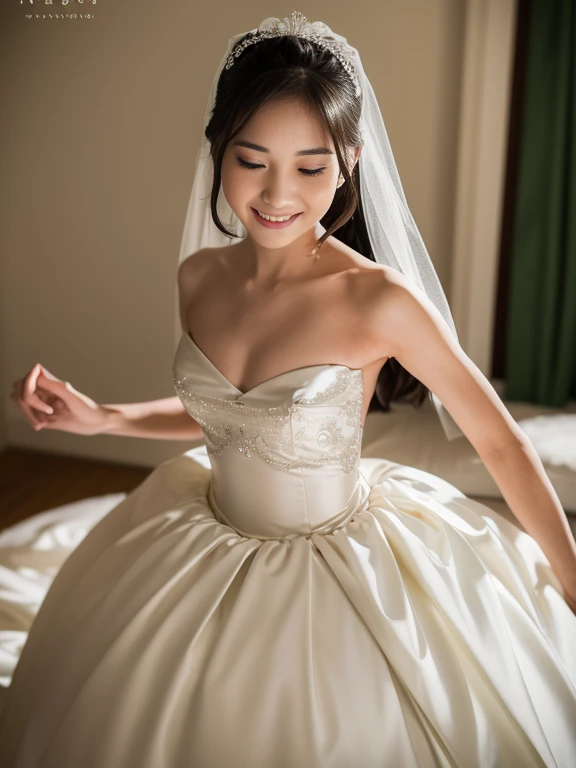 1 girl, smile, shiny skin, delicate face, best quality, masterpiece, (realistic: 1.4), wedding dress, random hairstyle, perfect figure, small breasts, princess