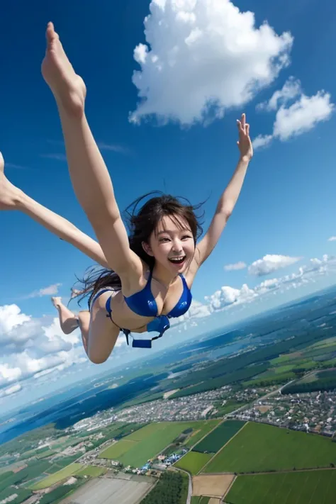 over the sky３０００In the middle of skydiving at 1.5 meters、The surroundings are clear blue sky and clouds、She is a beautiful Japanese woman with medium-long bob hair and is very cute, and is having fun and spreading her arms and legs.、Sensual style、She is we...