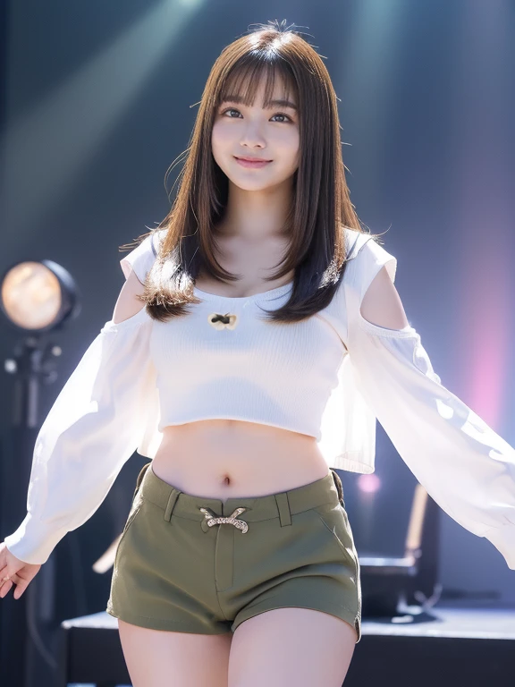 一段上がった広い舞台の上にone womanの子、big breasts、concert venue、singing and dancing、one woman、masterpiece、((extremely realistic、Extremely realistic))((Extreme photo quality、Extremely high image quality、Increase saturation and contrast))((bright smile、smile))、((、beautif...